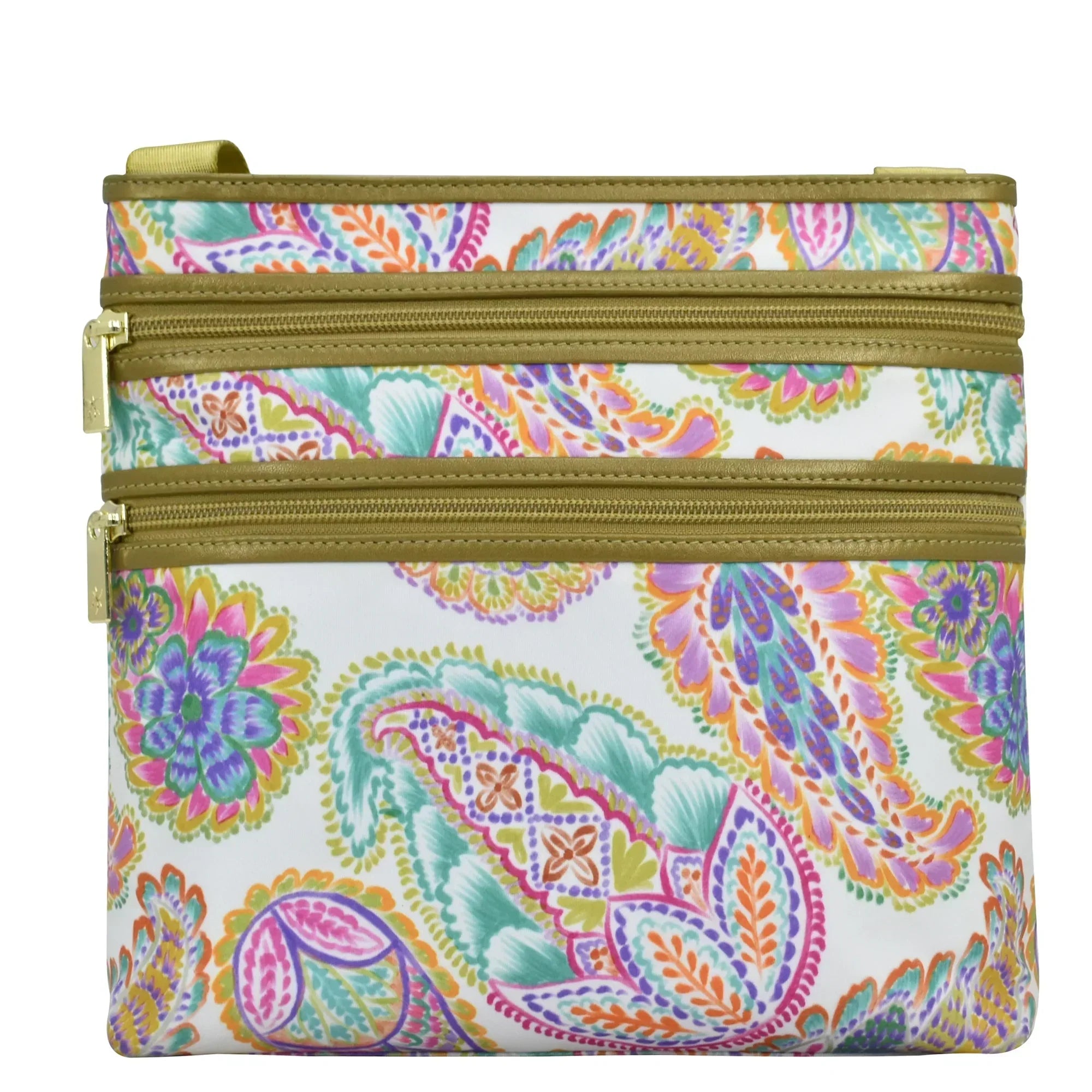 Boho Paisley Fabric with Leather Trim Crossbody with Slip Pocket - 12017