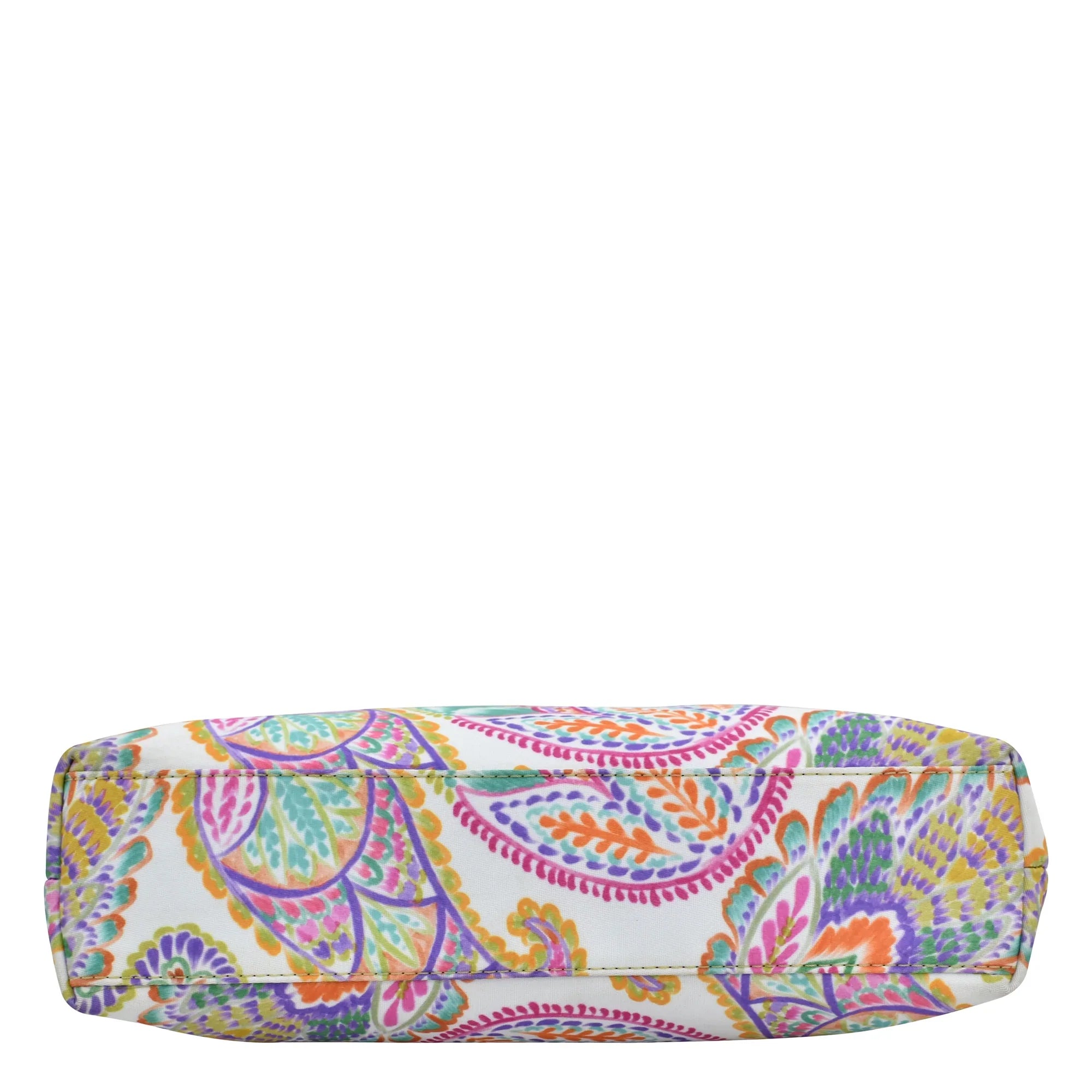 Patterned cylindrical pillow with a zippered pocket on a white background. 
- Fabric with Leather Trim Crossbody with Slip Pocket by Anuschka