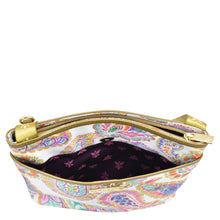 Load image into Gallery viewer, Colorful patterned cosmetic bag with zipper open, revealing purple interior and a main compartment - Anuschka Fabric with Leather Trim Crossbody with Slip Pocket - 12017

