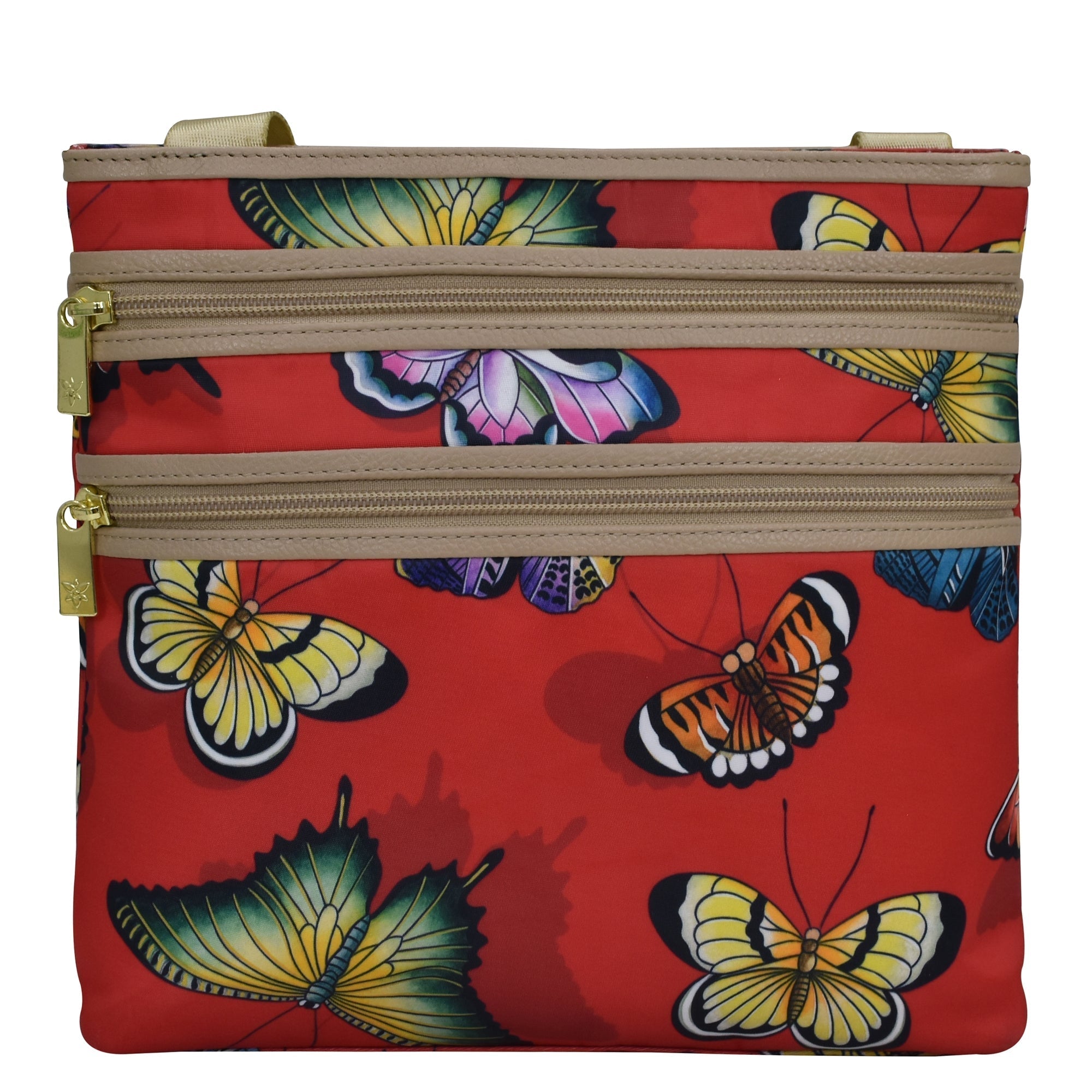 Butterfly Ruby Heaven Fabric with Leather Trim Crossbody with Slip Pocket - 12017