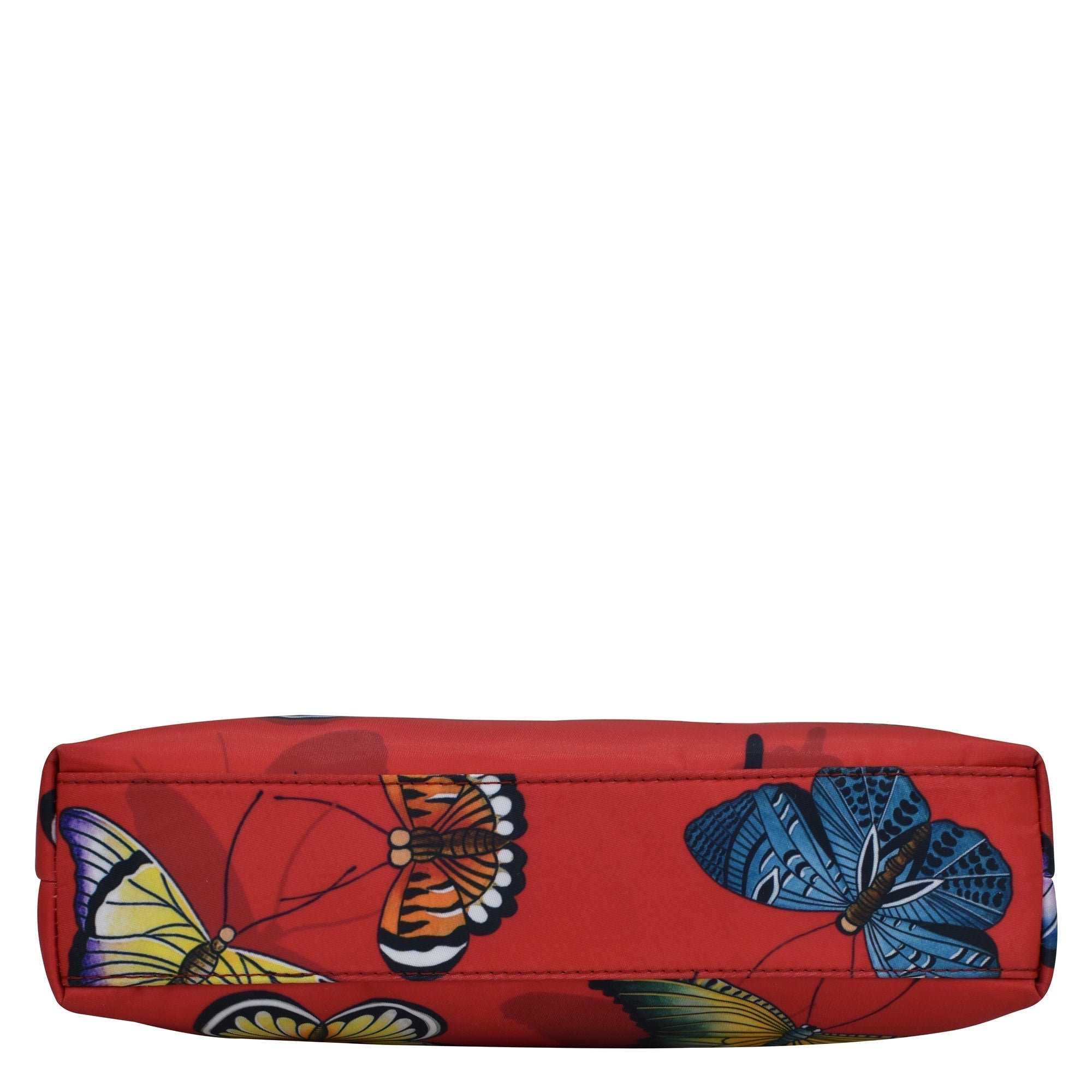 Anuschka Fabric with Leather Trim Crossbody with Slip Pocket - 12017 cosmetic bag with colorful butterfly print and rear zippered pockets.