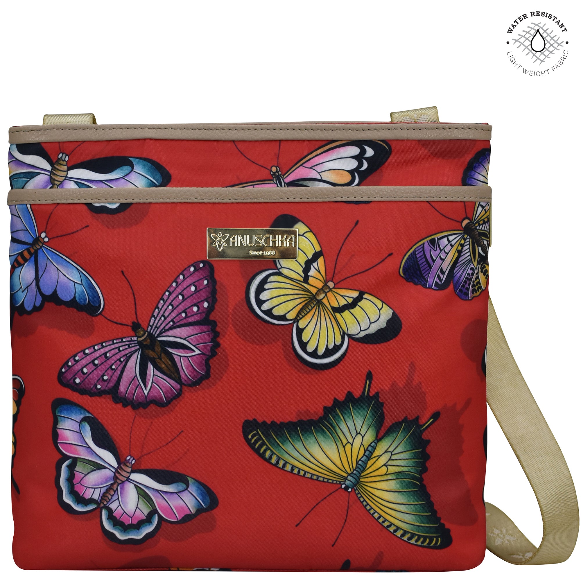 Butterfly Ruby Heaven Fabric with Leather Trim Crossbody with Slip Pocket - 12017