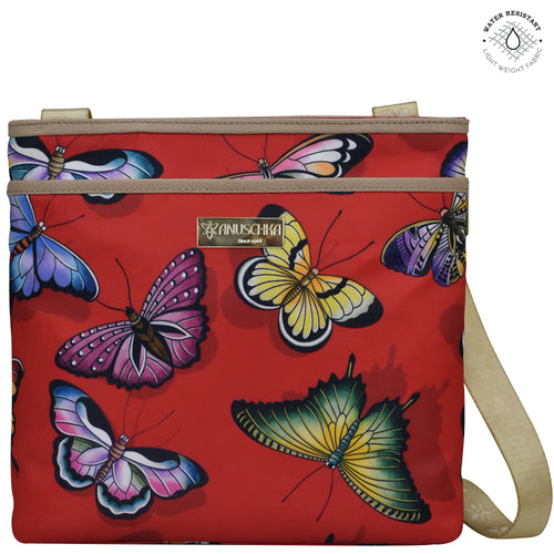Butterfly Ruby Heaven Fabric with Leather Trim Crossbody with Slip Pocket - 12017