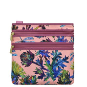 Dragonfly Garden Fabric with Leather Trim Crossbody with Slip Pocket - 12017