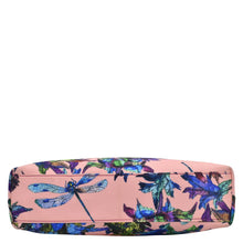 Load image into Gallery viewer, Floral and dragonfly print cosmetic bag with a rear zippered pocket on a white background in Anuschka&#39;s Fabric with Leather Trim Crossbody with Slip Pocket - 12017.
