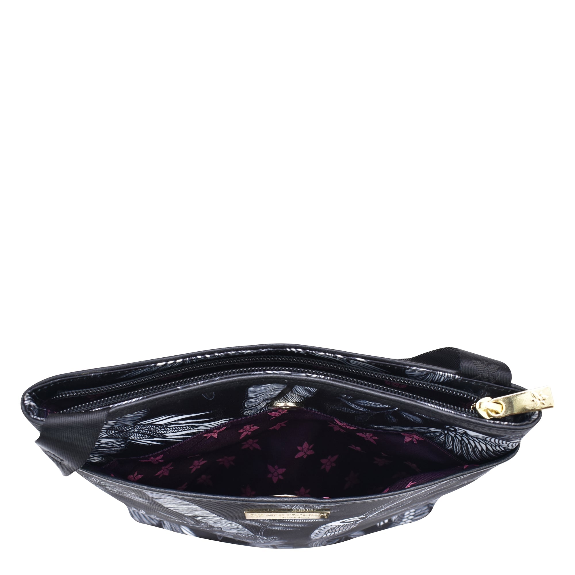 Anuschka Fabric with Leather Trim Crossbody with Slip Pocket - 12017 with an open zipper, floral pattern interior, and rear zippered pockets.