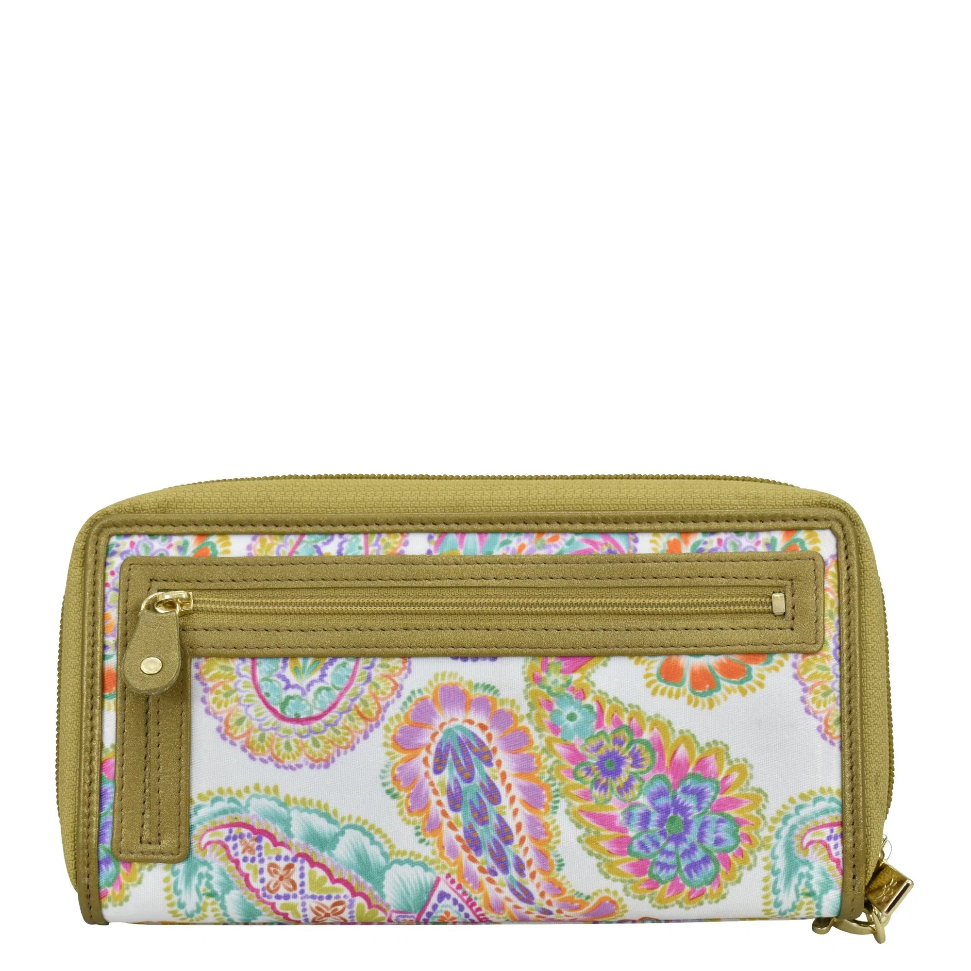 Boho Paisley Fabric with Leather Trim Wristlet Travel Wallet - 13000