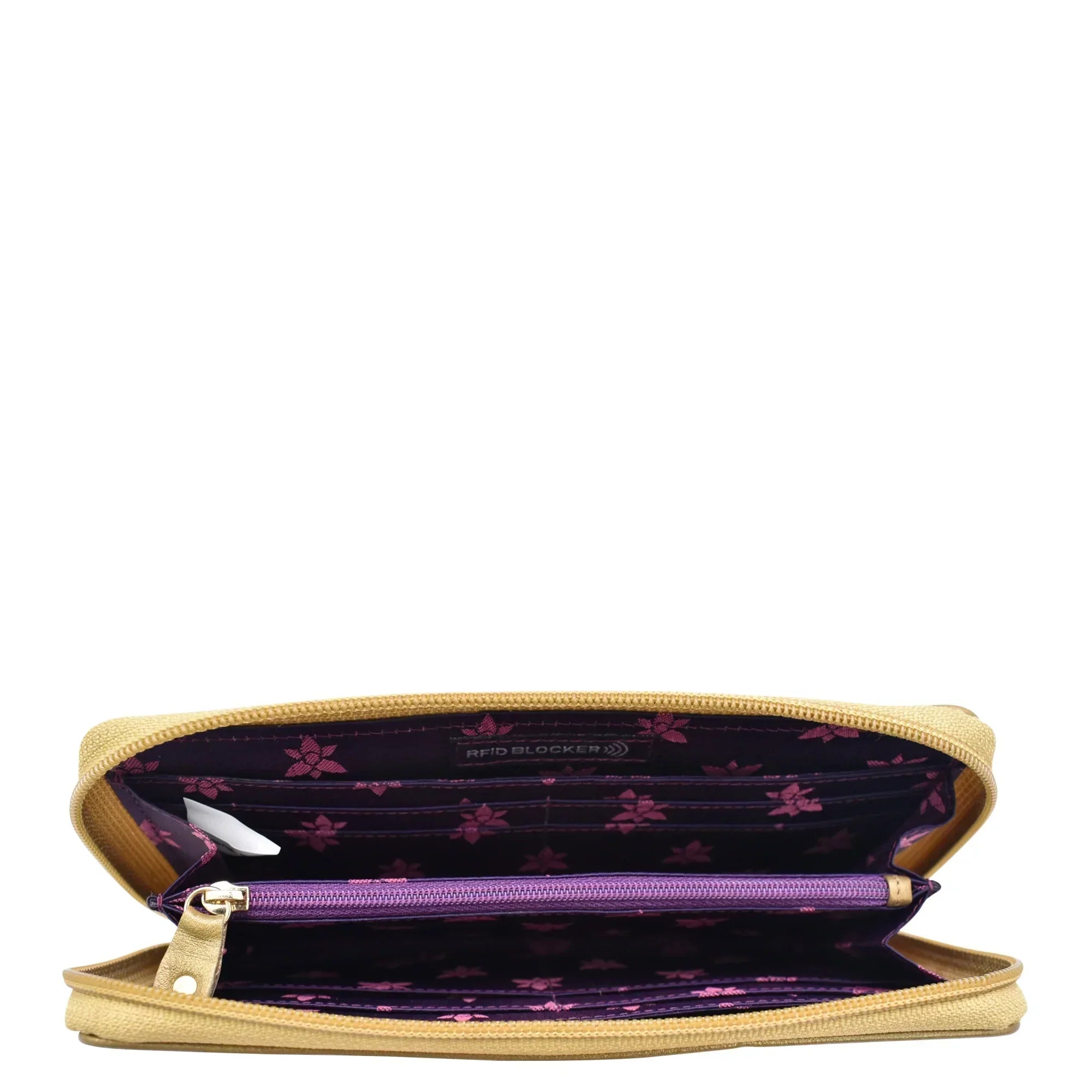 Anuschka Fabric with Leather Trim Wristlet Travel Wallet - 13000, with yellow wristlet and purple floral interior design, partially unzipped on a white background.