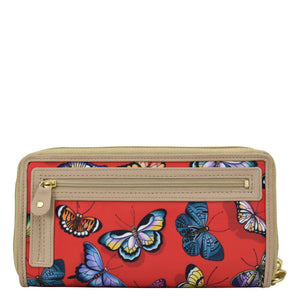 Butterfly Heaven Ruby Fabric with Leather Trim Wristlet Travel Wallet - 13000