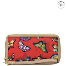 Load image into Gallery viewer, Butterfly Heaven Ruby Fabric with Leather Trim Wristlet Travel Wallet - 13000
