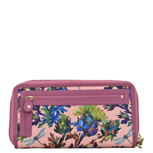 Dragonfly Garden Fabric with Leather Trim Wristlet Travel Wallet - 13000