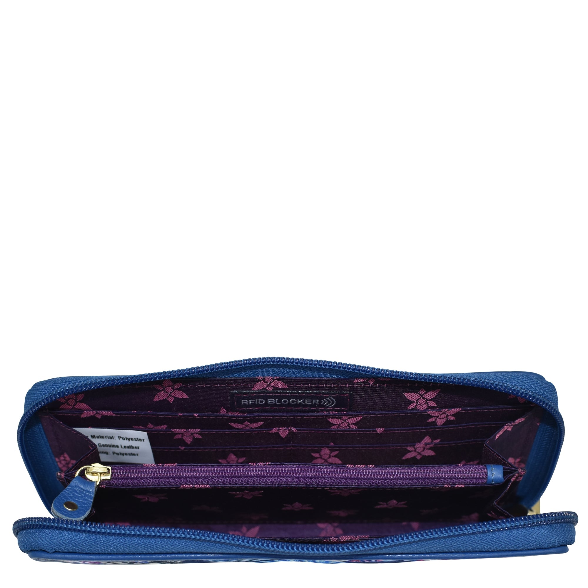 Anuschka Fabric with Leather Trim Wristlet Travel Wallet - 13000 with floral interior and RFID protected card holders shown open.