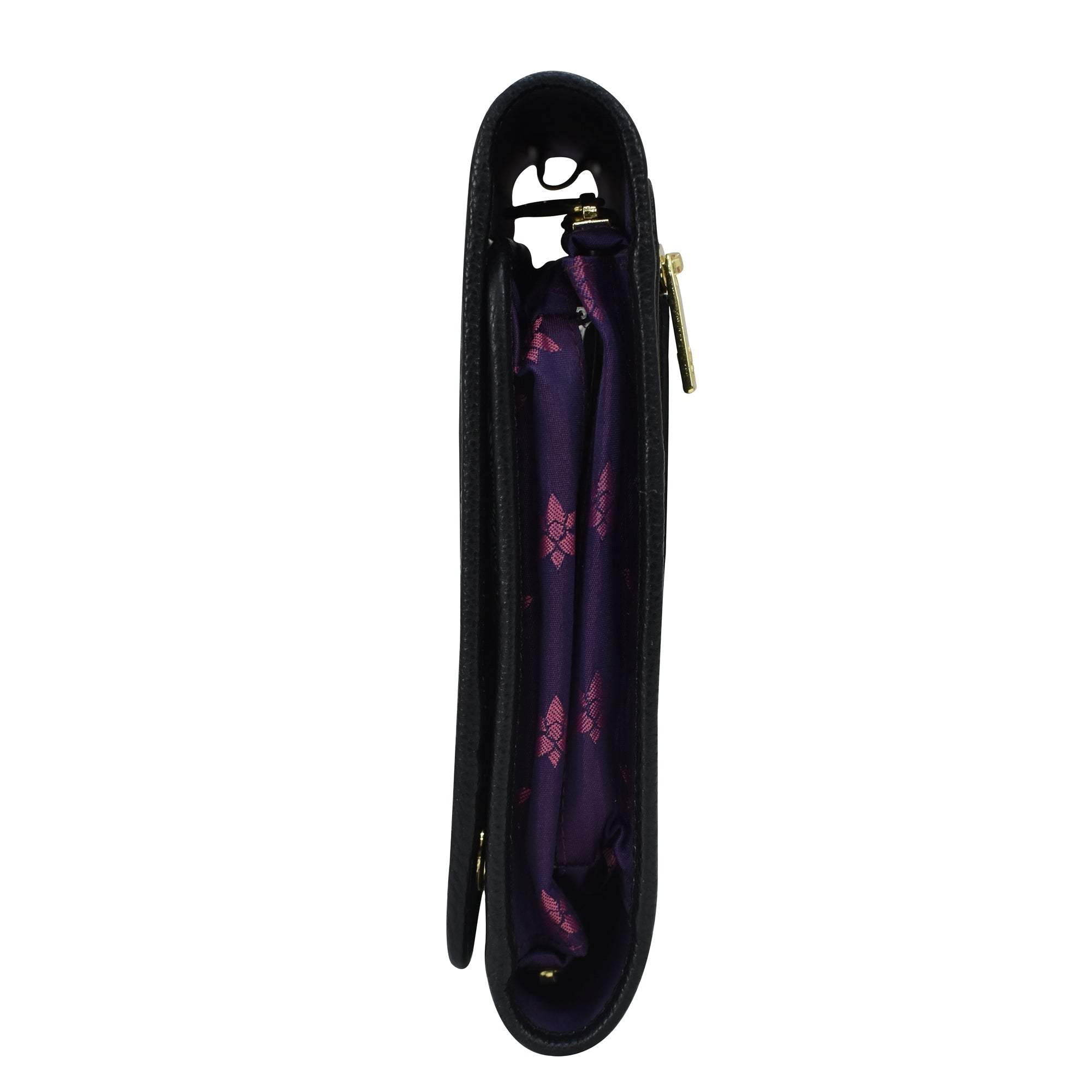 Anuschka Fabric with Leather Trim Toiletry Case - 13001 with a purple interior and partially unzipped top, featuring snap button closures.