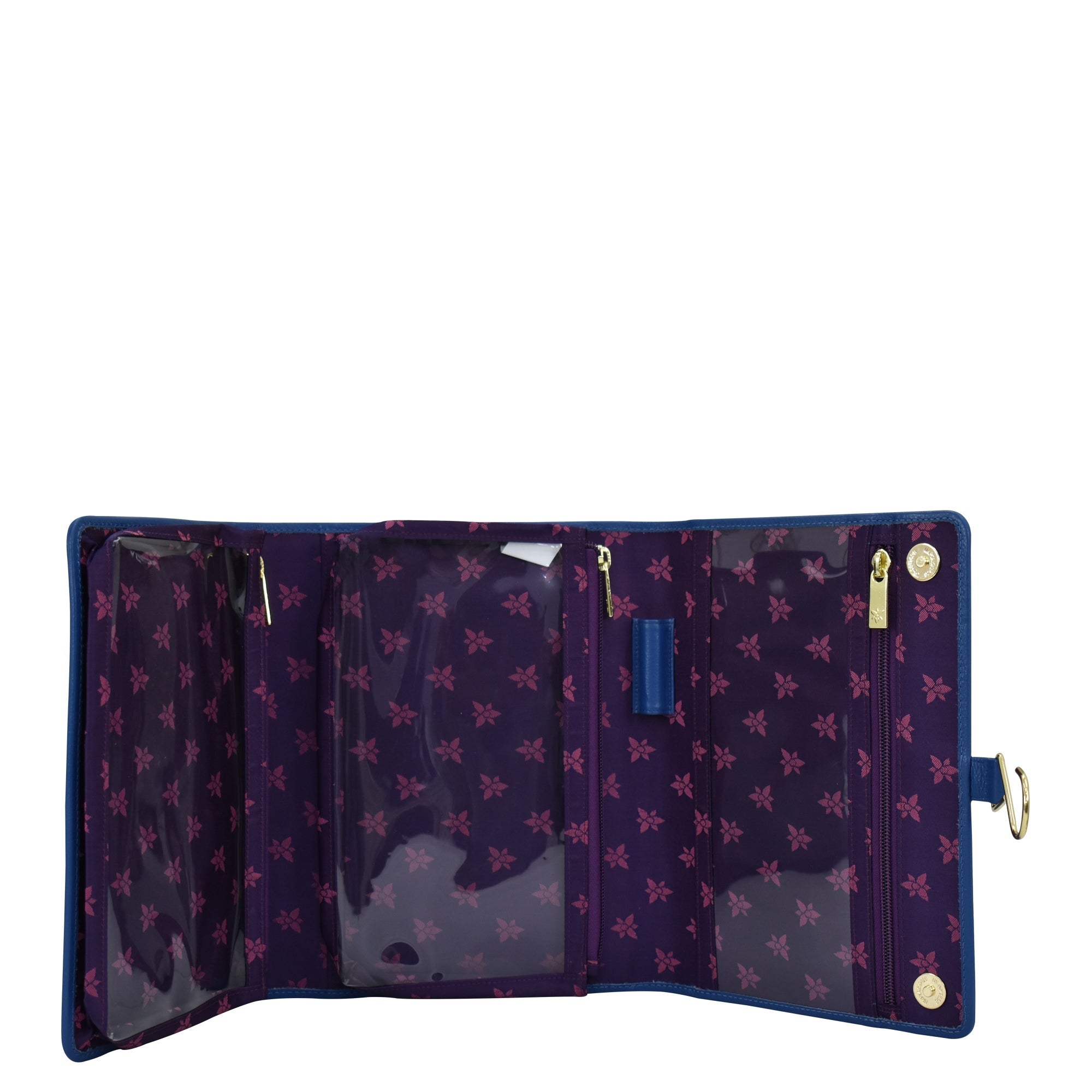 Open Anuschka toiletry case with empty card slots, a transparent compartment, and snap button closure.