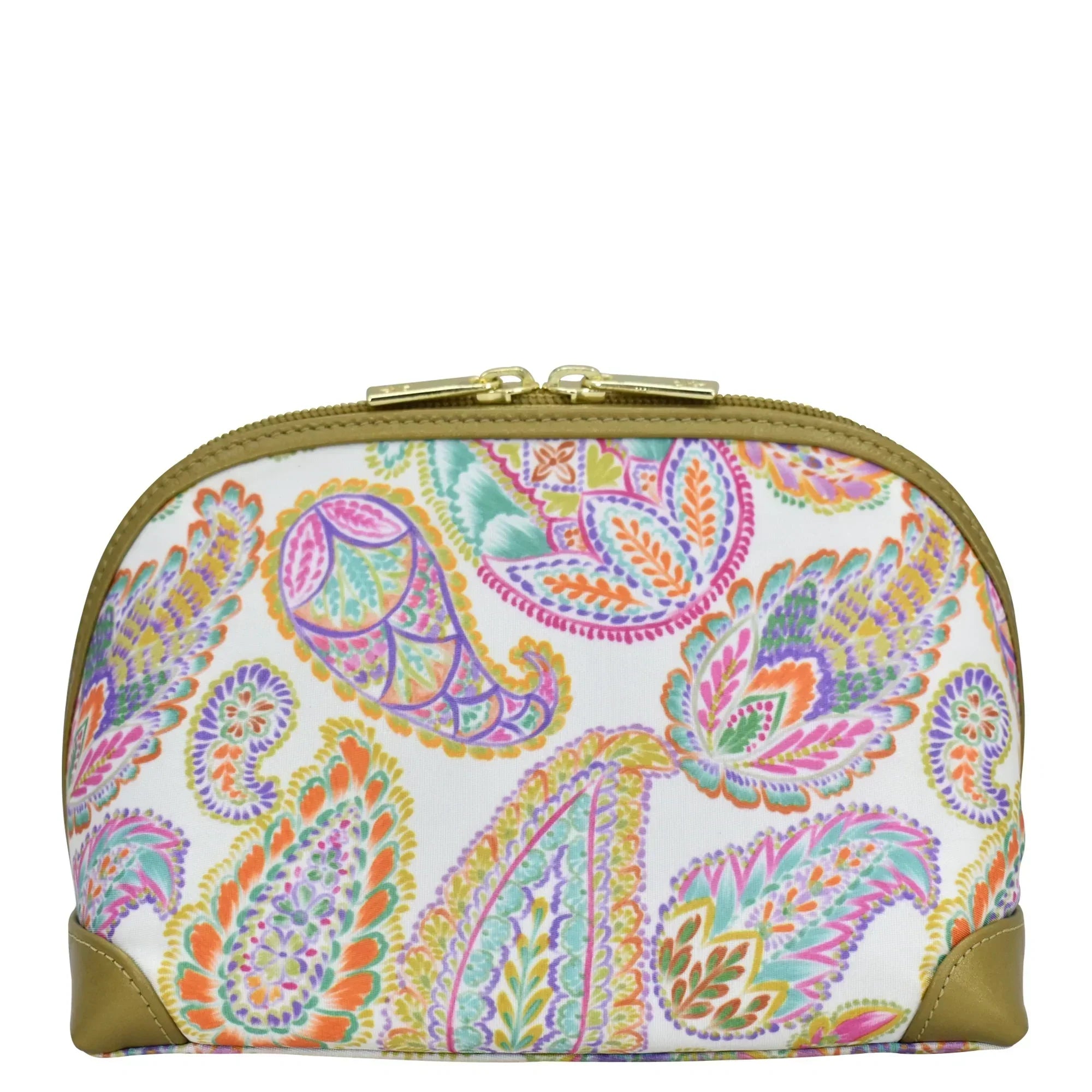 Boho Paisley Fabric with Leather Trim Dome Cosmetic Bag - 13002
