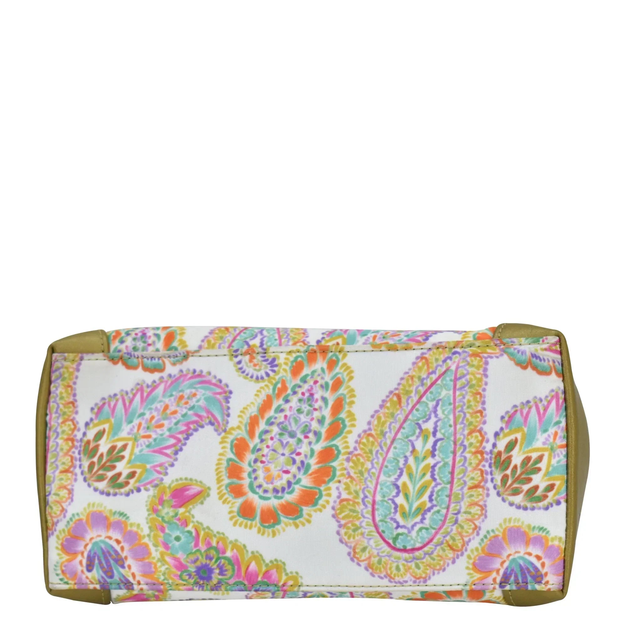 Colorful paisley-patterned Anuschka clutch-style bag with a zip entry on a white background.