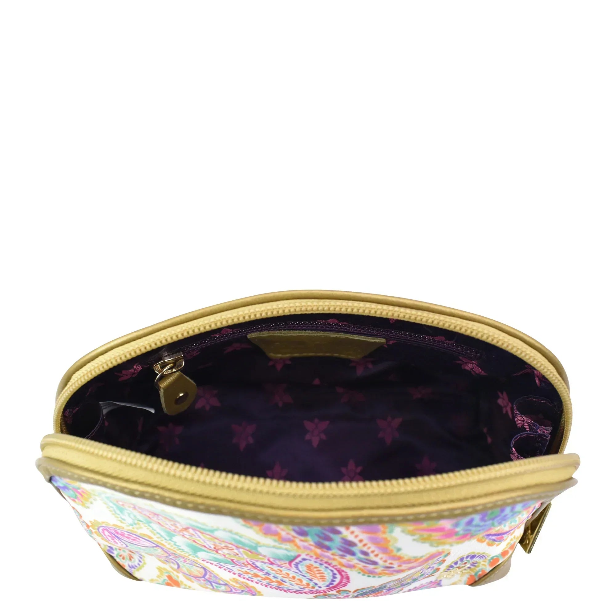 An open, zip entry, Fabric with Leather Trim Dome Cosmetic Bag - 13002 by Anuschka with a view into its empty interior.