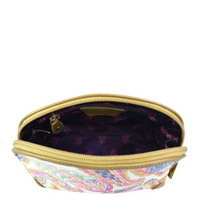 Load image into Gallery viewer, An open, zip entry, Fabric with Leather Trim Dome Cosmetic Bag - 13002 by Anuschka with a view into its empty interior.
