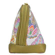Load image into Gallery viewer, A colorful triangular Anuschka Fabric with Leather Trim Dome Cosmetic Bag - 13002 with a floral pattern and a gold zip entry.
