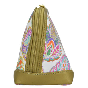 A colorful triangular Anuschka Fabric with Leather Trim Dome Cosmetic Bag - 13002 with a floral pattern and a gold zip entry.