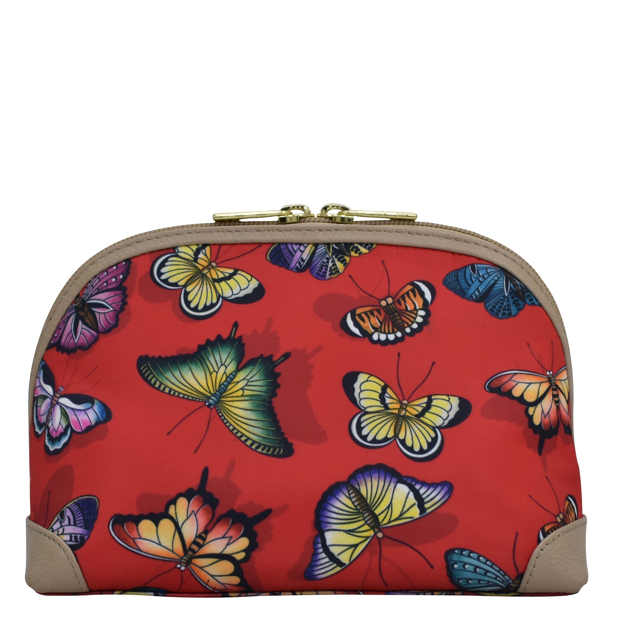 Butterfly Heaven Ruby Fabric with Leather Trim Dome Cosmetic Bag - 13002