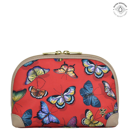 Butterfly Heaven Ruby Fabric with Leather Trim Dome Cosmetic Bag - 13002