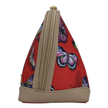 Load image into Gallery viewer, Red Anuschka pyramid-shaped pouch with butterfly print and beige zip entry detail.
