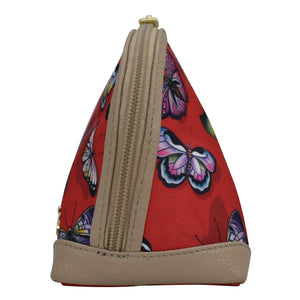 Red Anuschka pyramid-shaped pouch with butterfly print and beige zip entry detail.
