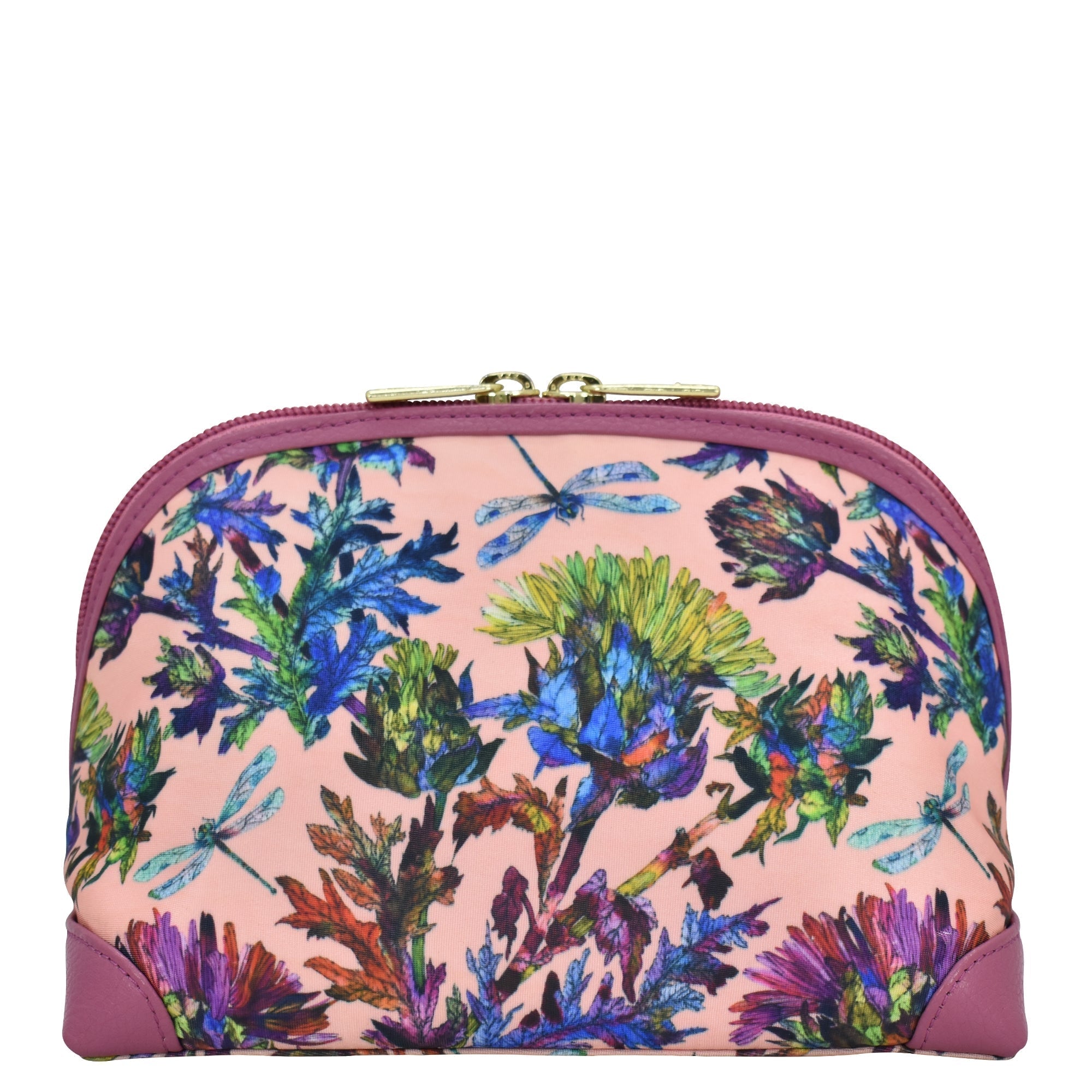 Dragonfly Garden Fabric with Leather Trim Dome Cosmetic Bag - 13002
