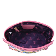 Load image into Gallery viewer, Open Fabric with Leather Trim Dome Cosmetic Bag - 13002 cosmetic bag with a zip entry, featuring a visible interior and Anuschka brand label.
