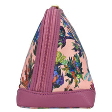 Load image into Gallery viewer, Anuschka Fabric with Leather Trim Dome Cosmetic Bag - 13002 with a pink zip entry and leather base featuring full-length pocket dimensions.
