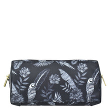 Load image into Gallery viewer, An Anuschka black and white Fabric with Leather Trim Dome Cosmetic Bag - 13002 with birds and flowers, featuring a zippered pocket.
