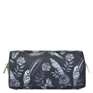 An Anuschka black and white Fabric with Leather Trim Dome Cosmetic Bag - 13002 with birds and flowers, featuring a zippered pocket.
