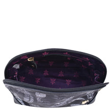 Load image into Gallery viewer, Open Anuschka Fabric with Leather Trim Dome Cosmetic Bag - 13002 with a purple floral pattern interior and a zippered pocket.
