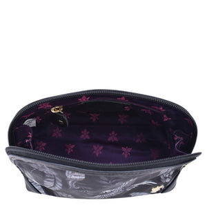 Open Anuschka Fabric with Leather Trim Dome Cosmetic Bag - 13002 with a purple floral pattern interior and a zippered pocket.
