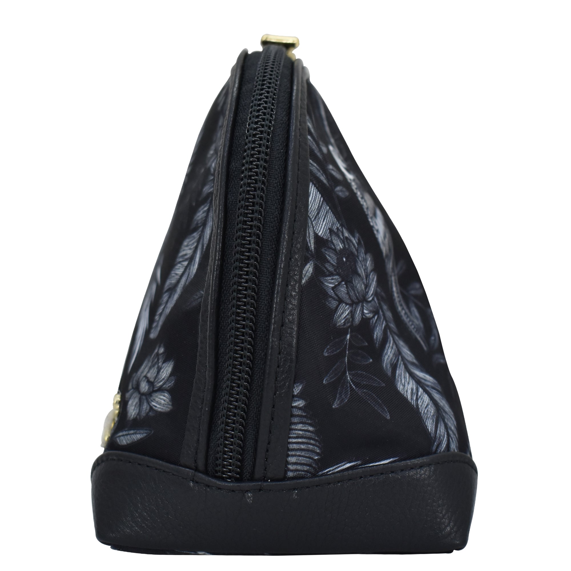 Black floral-patterned Anuschka wallet with zipper closure and an additional zippered pocket, viewed from the side.