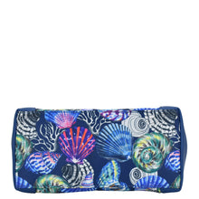 Load image into Gallery viewer, Anuschka Fabric with Leather Trim Dome Cosmetic Bag featuring a marine shell design on a white background, with a full-length zippered pocket.
