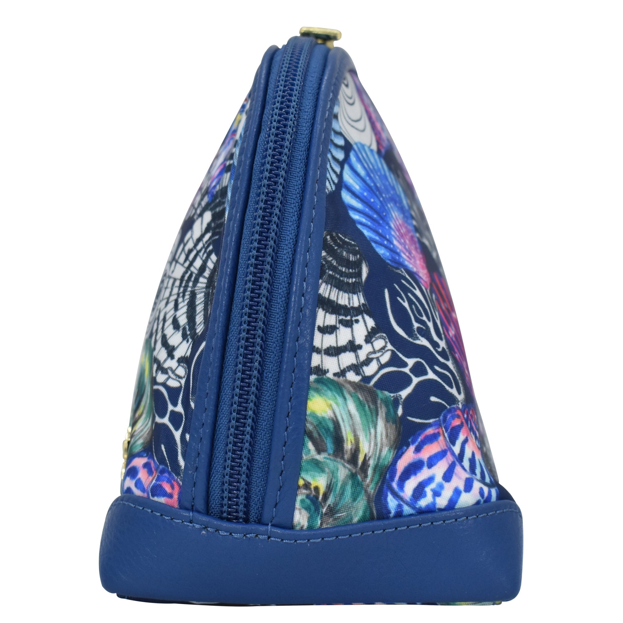 Side view of a triangular-shaped, blue zippered pouch with a colorful butterfly pattern and full-length zippered pocket - Anuschka Fabric with Leather Trim Dome Cosmetic Bag - 13002.