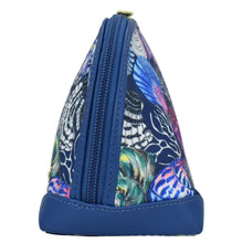 Load image into Gallery viewer, Side view of a triangular-shaped, blue zippered pouch with a colorful butterfly pattern and full-length zippered pocket - Anuschka Fabric with Leather Trim Dome Cosmetic Bag - 13002.
