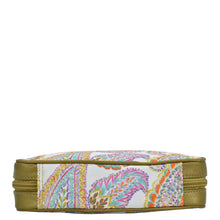 Load image into Gallery viewer, An Anuschka fabric with leather trim travel jewelry organizer features a zippered wall pocket for added convenience.
