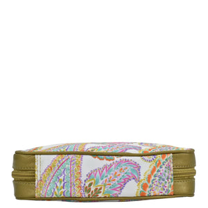 An Anuschka fabric with leather trim travel jewelry organizer features a zippered wall pocket for added convenience.