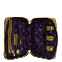 Load image into Gallery viewer, Open empty Anuschka fabric with leather trim travel jewelry organizer with floral interior design and compartments for storing accessories, including a zippered wall pocket.
