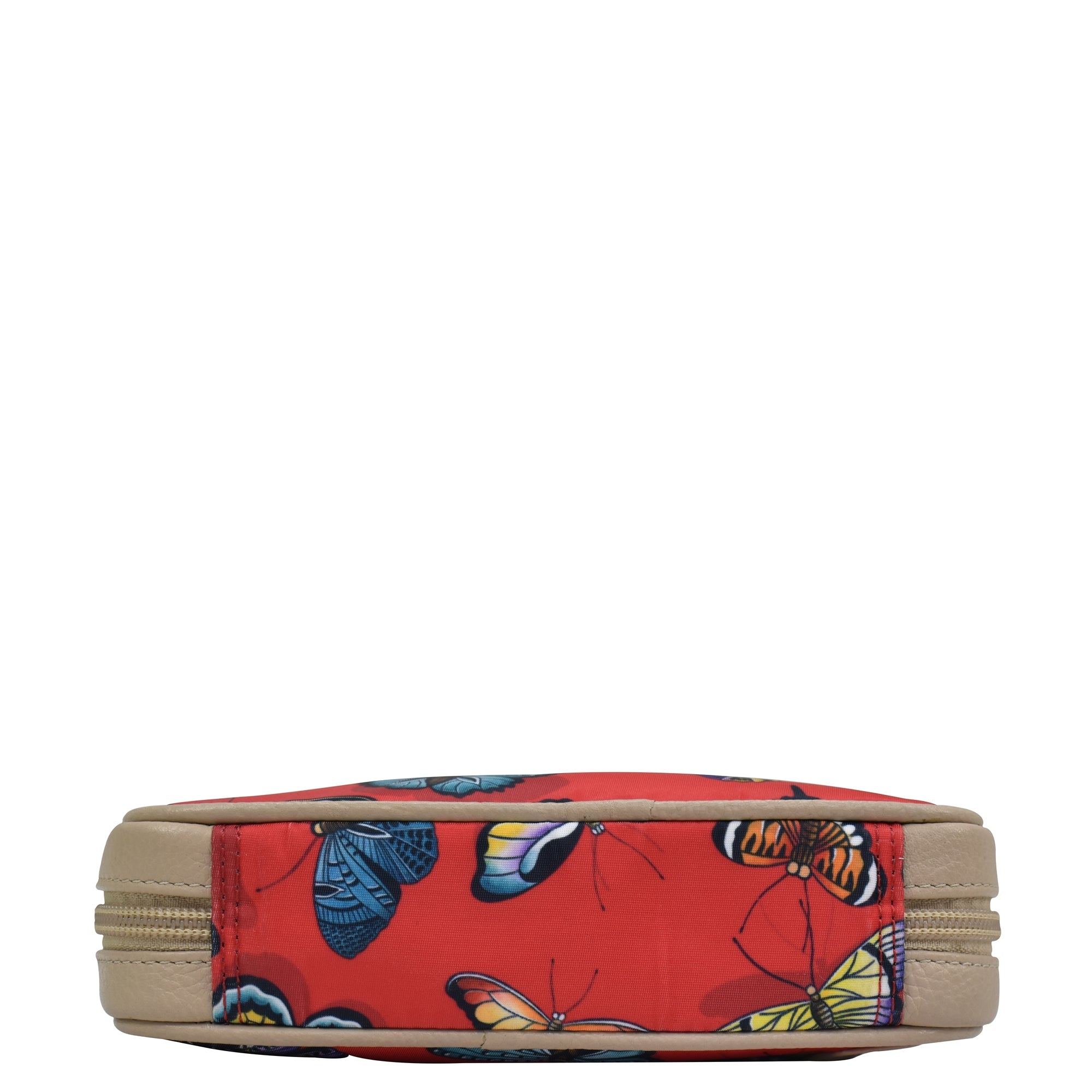 Colorful butterfly print pouch with a zip entry on a white background, Anuschka Fabric with Leather Trim Travel Jewelry Organizer - 13003.