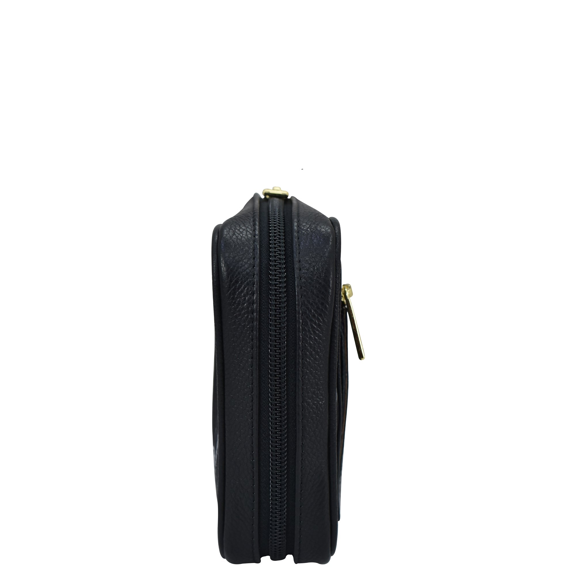 Anuschka Fabric with Leather Trim Travel Jewelry Organizer - 13003 with a zippered wall pocket and zipper closure viewed from the side against a white background.