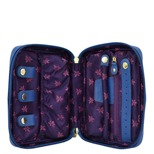 Open empty Anuschka Fabric with Leather Trim Travel Jewelry Organizer - 13003 displayed against a white background.
