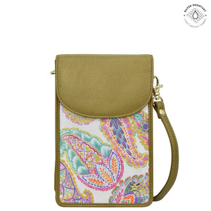 Boho Paisley Fabric with Leather Trim Cell Phone Crossbody Wallet - 13005