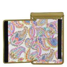 Load image into Gallery viewer, Colorful paisley-patterned Anuschka women&#39;s wallet with multiple card slots and RFID protection, viewed from an open angle.
