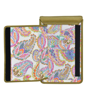 Colorful paisley-patterned Anuschka women's wallet with multiple card slots and RFID protection, viewed from an open angle.