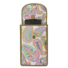 Load image into Gallery viewer, Anuschka Fabric with Leather Trim Cell Phone Crossbody Wallet - 13005 in a colorful paisley patterned wallet case with RFID protection.

