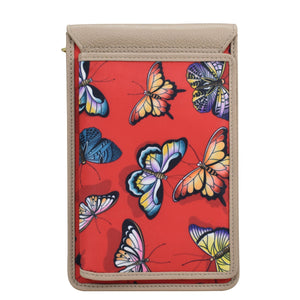 Butterfly Heaven Ruby Fabric with Leather Trim Cell Phone Crossbody Wallet - 13005